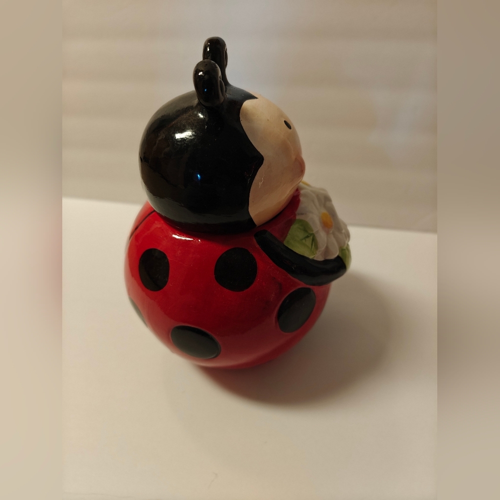Ladybug Hugging Daisy Cookie Jar, Anthropomorphic Ladybug Ceramic Cookie Jar - Picture 4 of 13